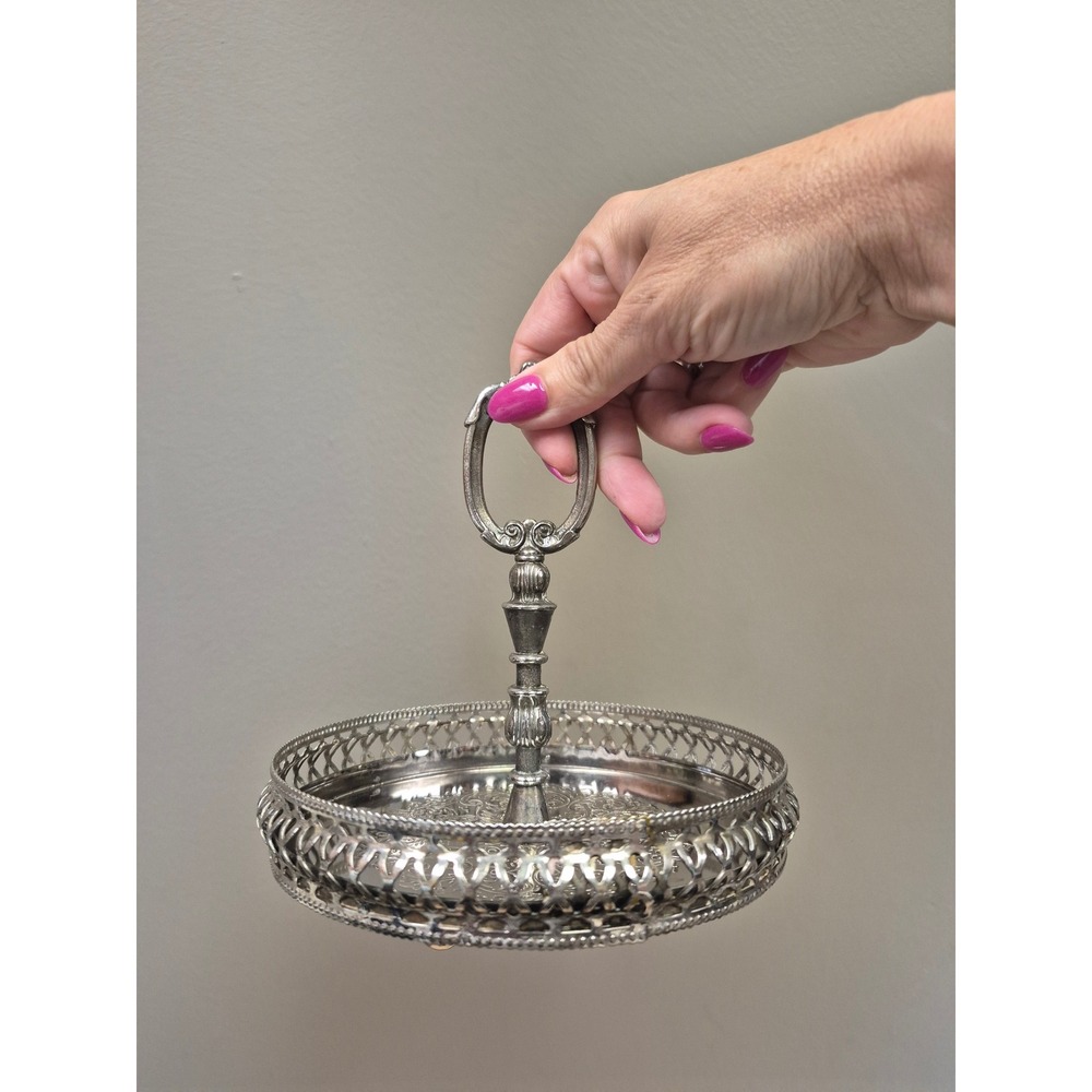 Vintage Silver Plated Tidbit Tray Ornate Pierced Gallery England Round Handle
